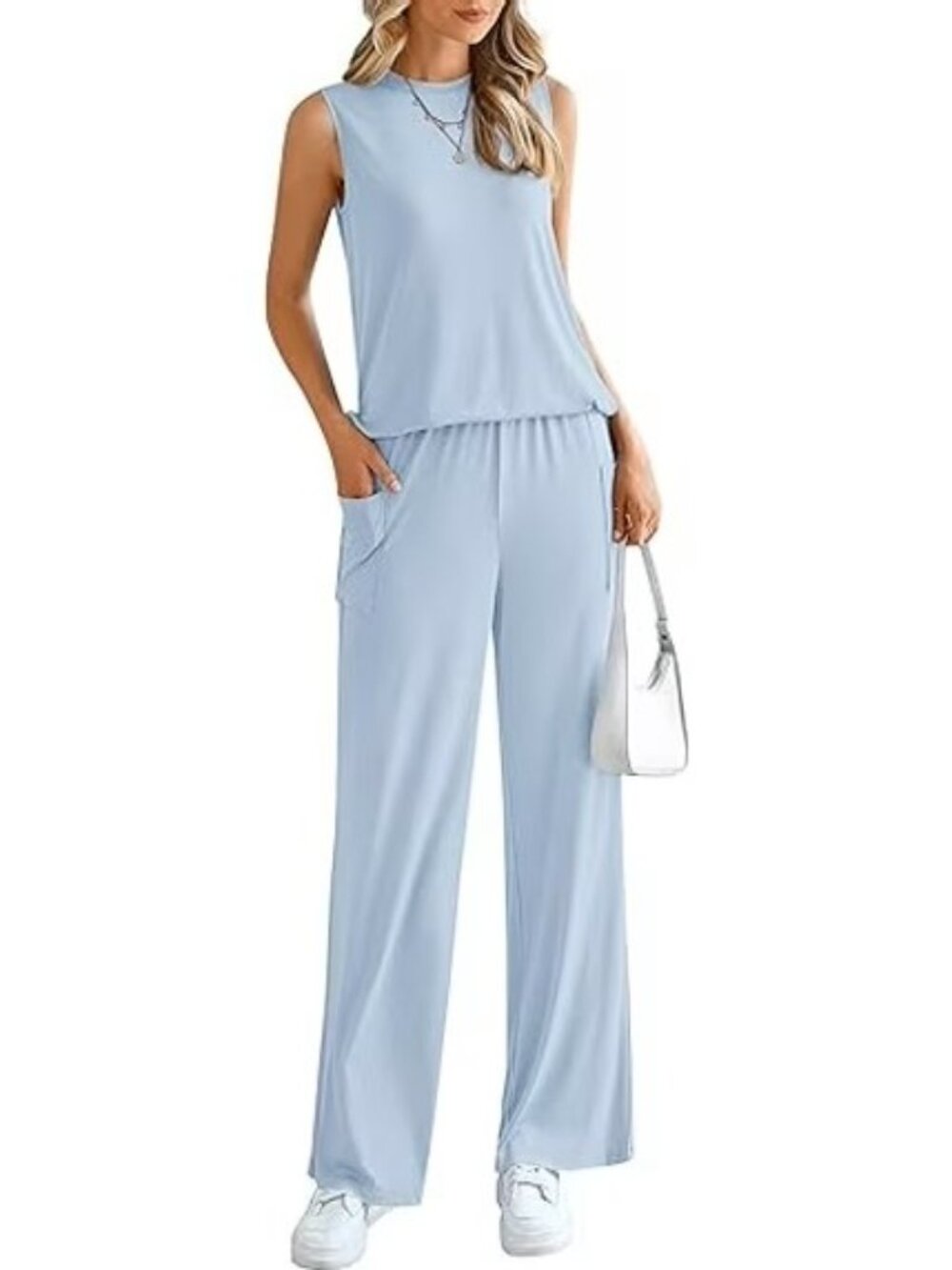 Sleeveless Light Blue Wide-Leg Jumpsuit